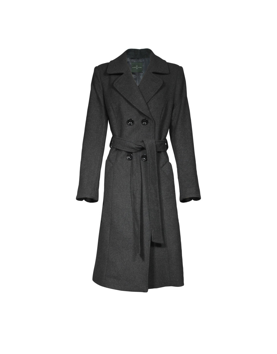 Grey double-breasted wool coat.