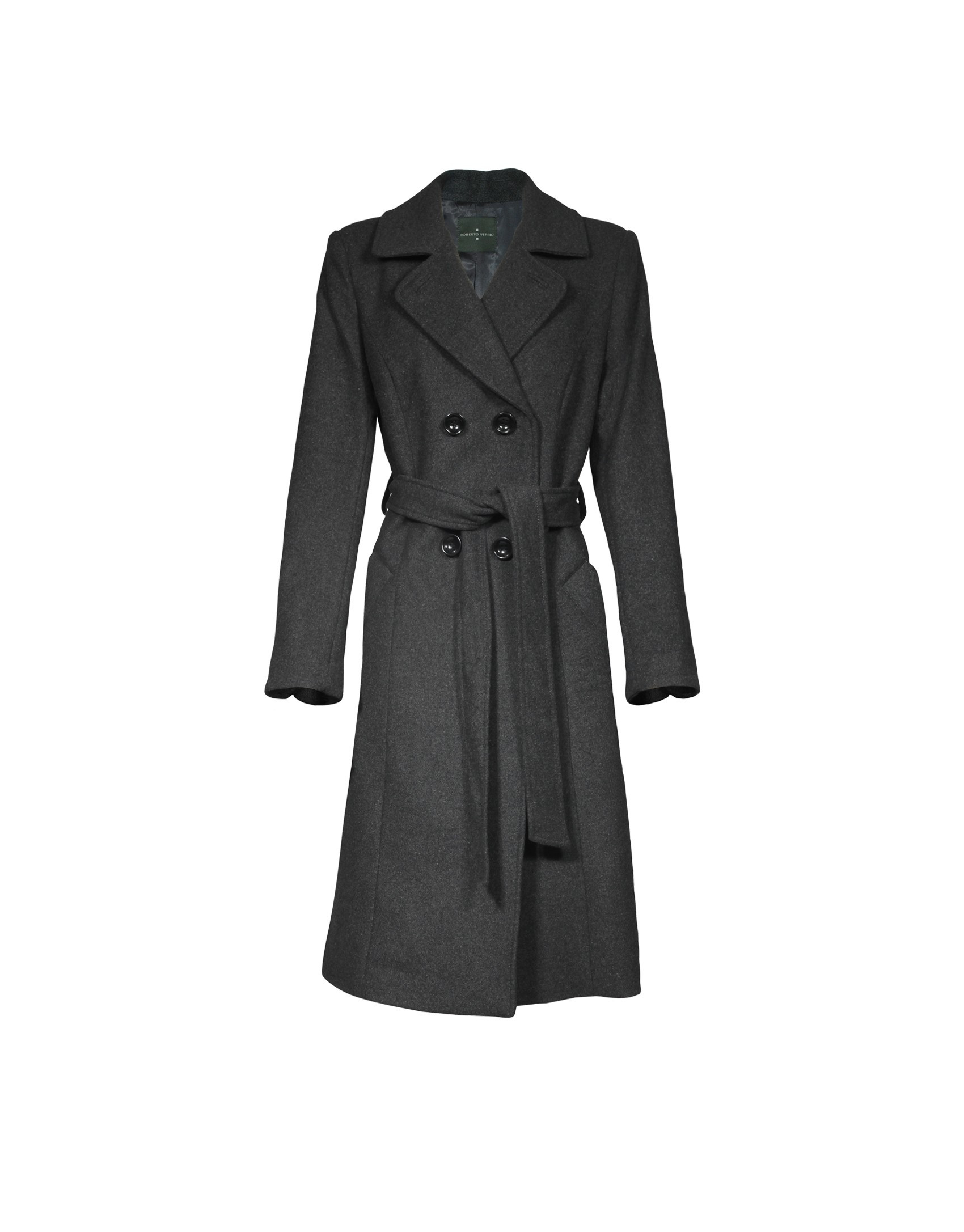 Grey double-breasted wool coat.