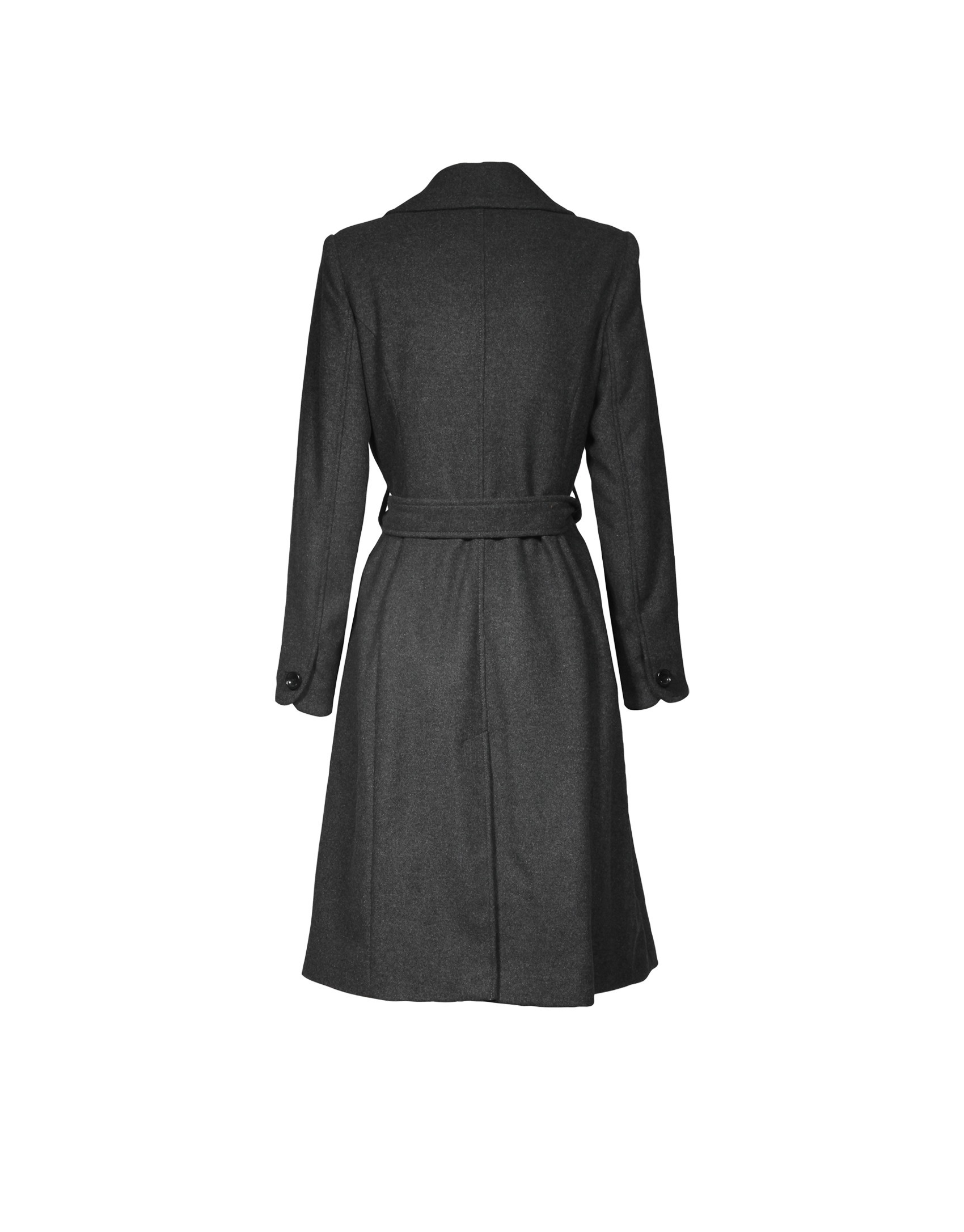 Grey double-breasted wool coat.