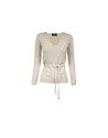 Deep v-neck long sleeve beige pullover.