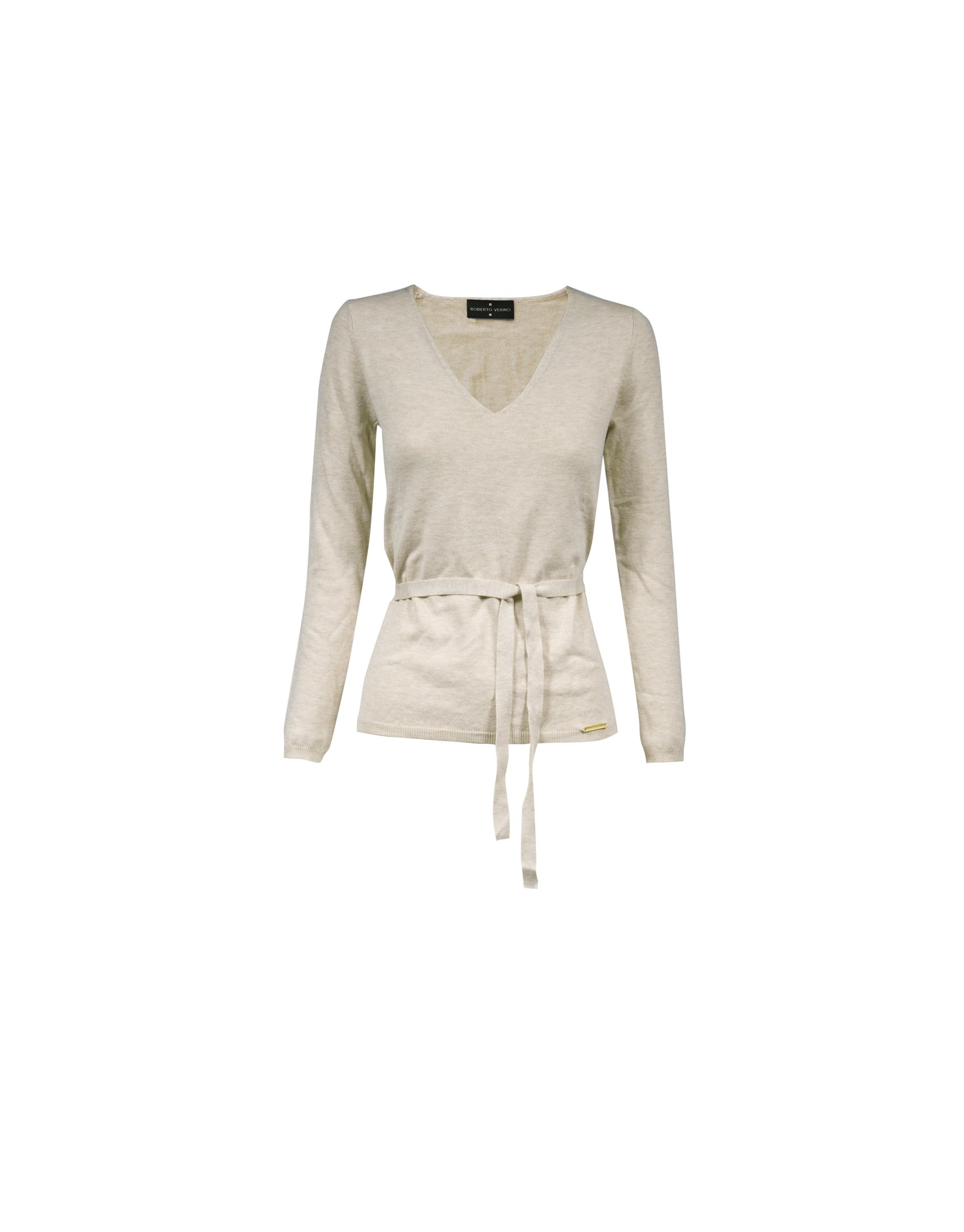Deep v-neck long sleeve beige pullover.