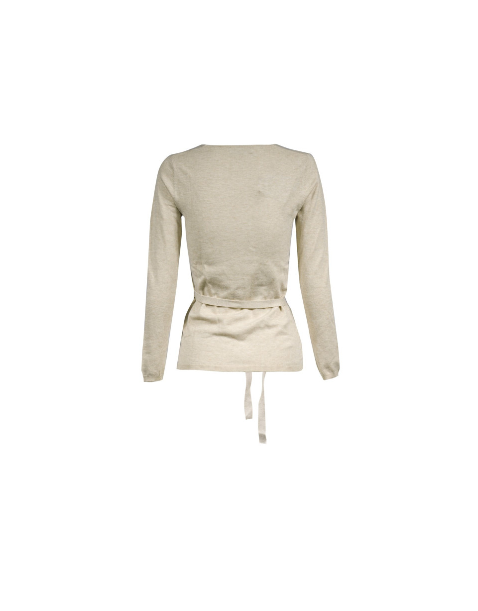Deep v-neck long sleeve beige pullover.