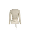 Deep v-neck long sleeve beige pullover.