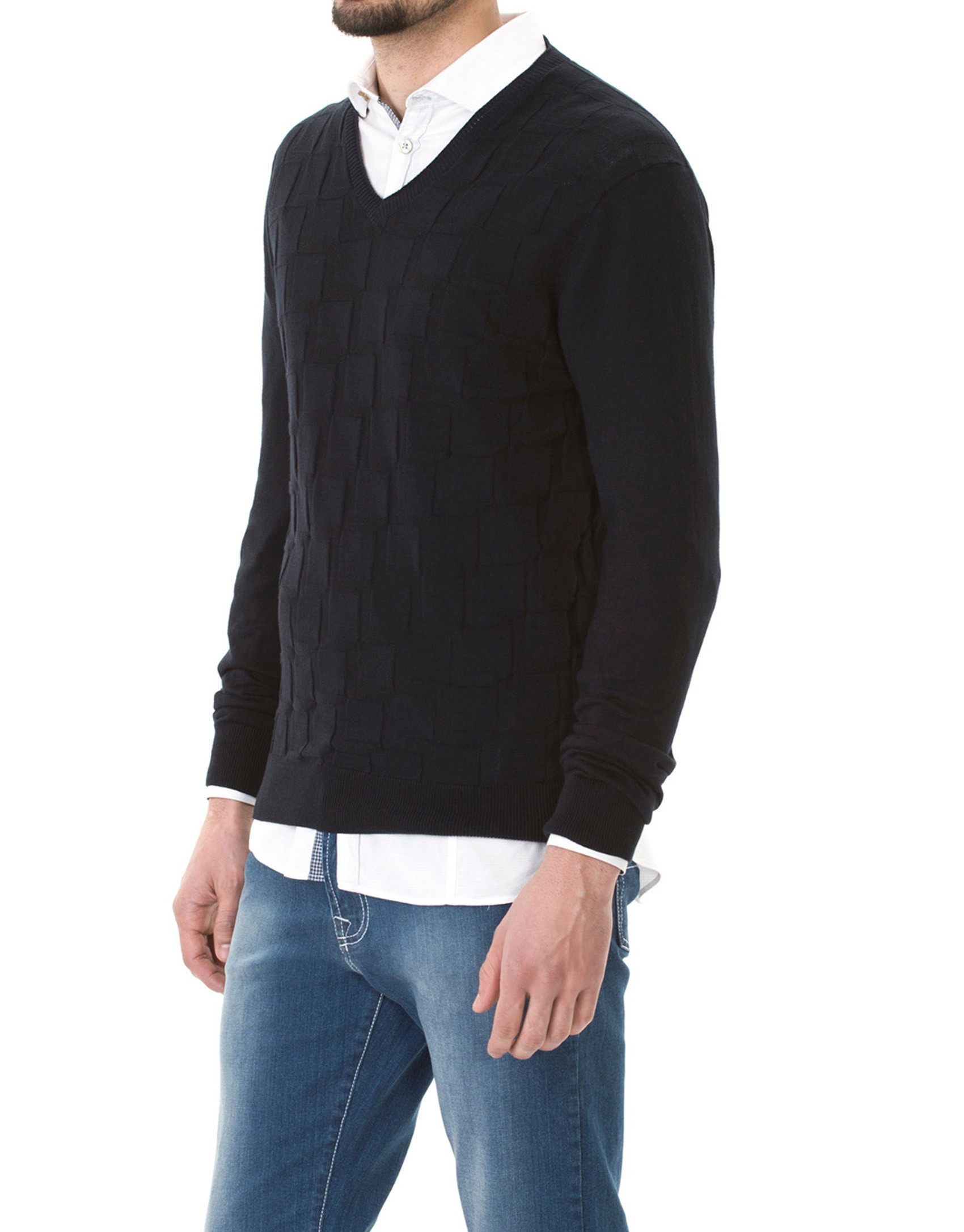 Navy blue jacquard V-neck  sweater