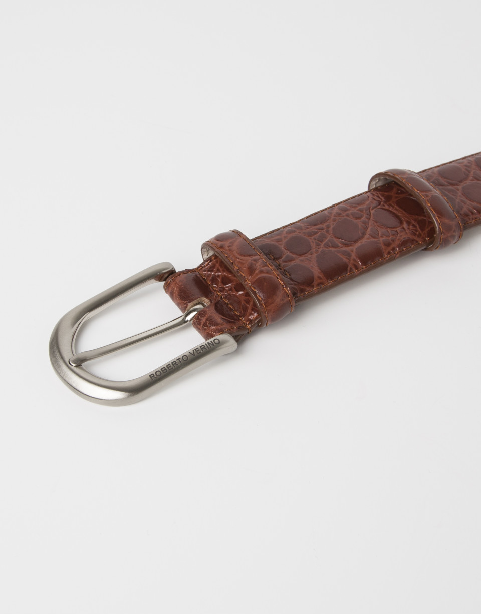 Cowhide leather alligator embossed brown belt