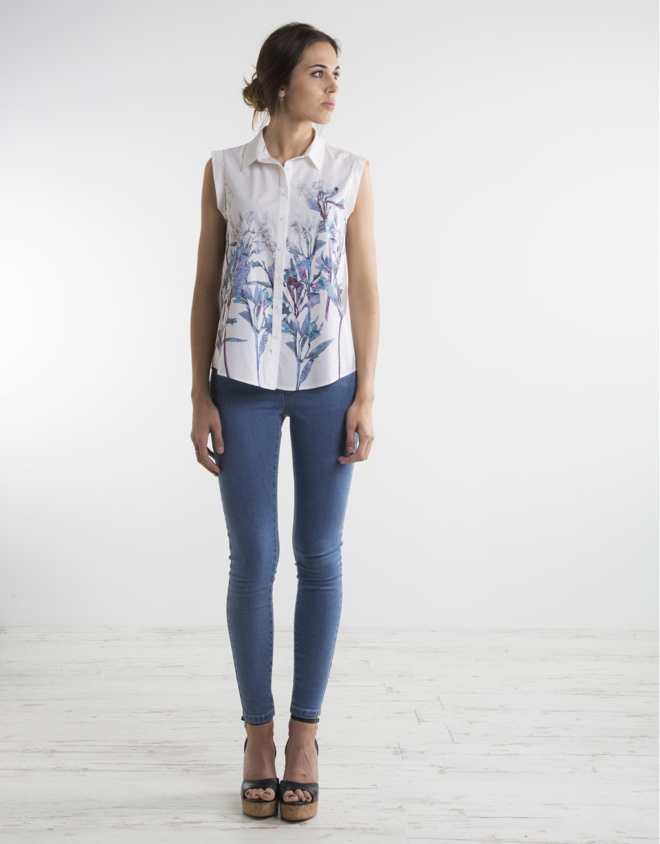 White shirt with blue print