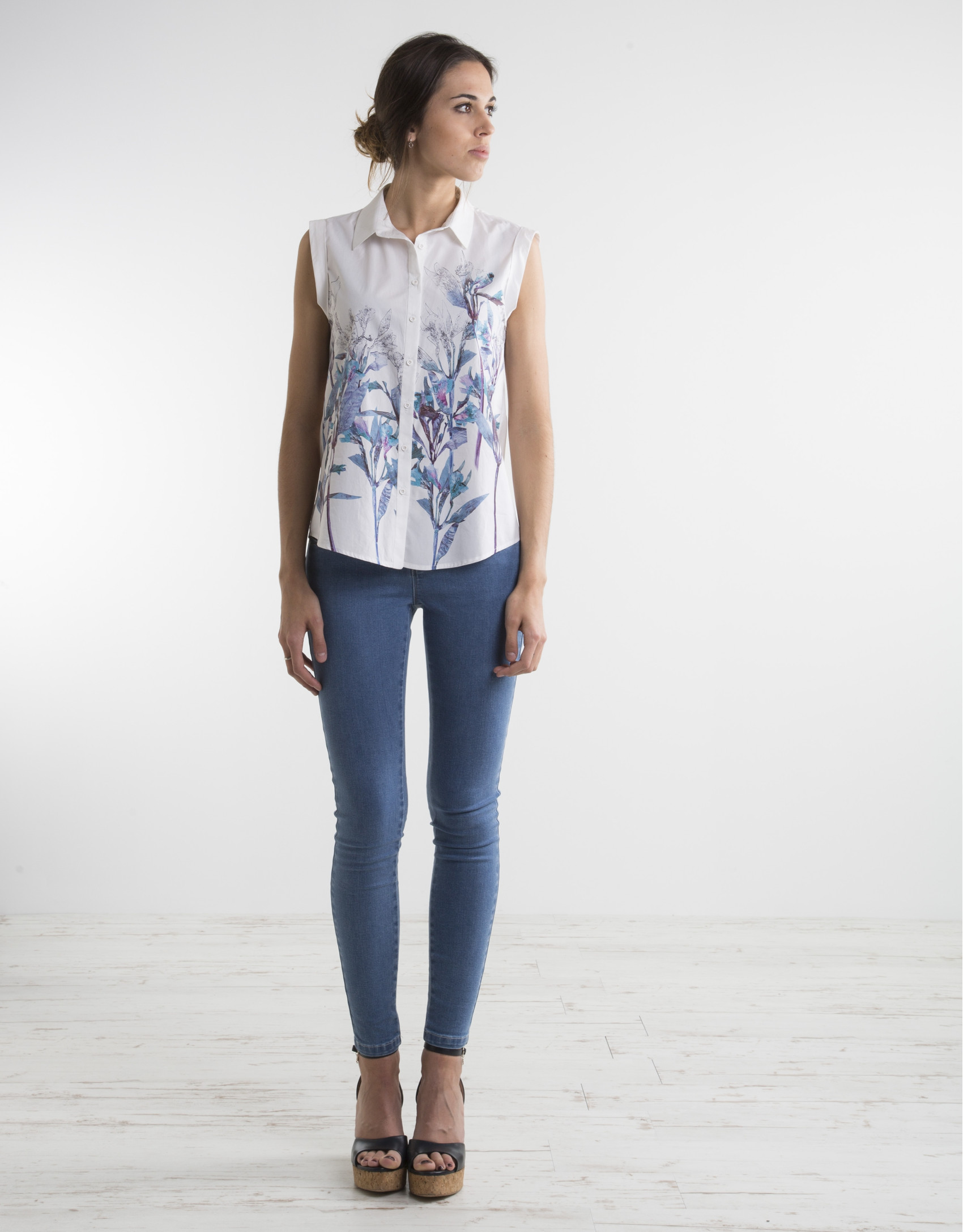 White shirt with blue print