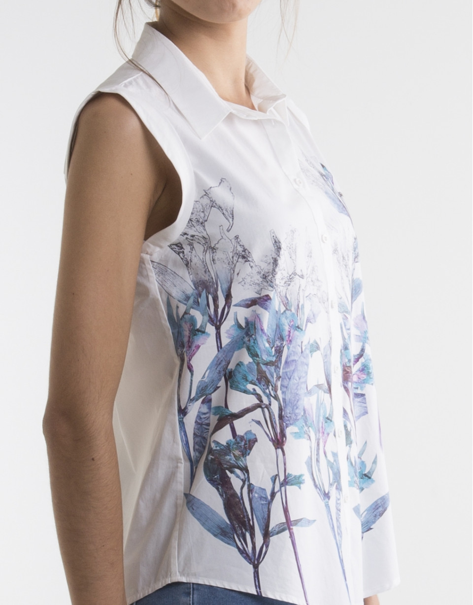 White shirt with blue print