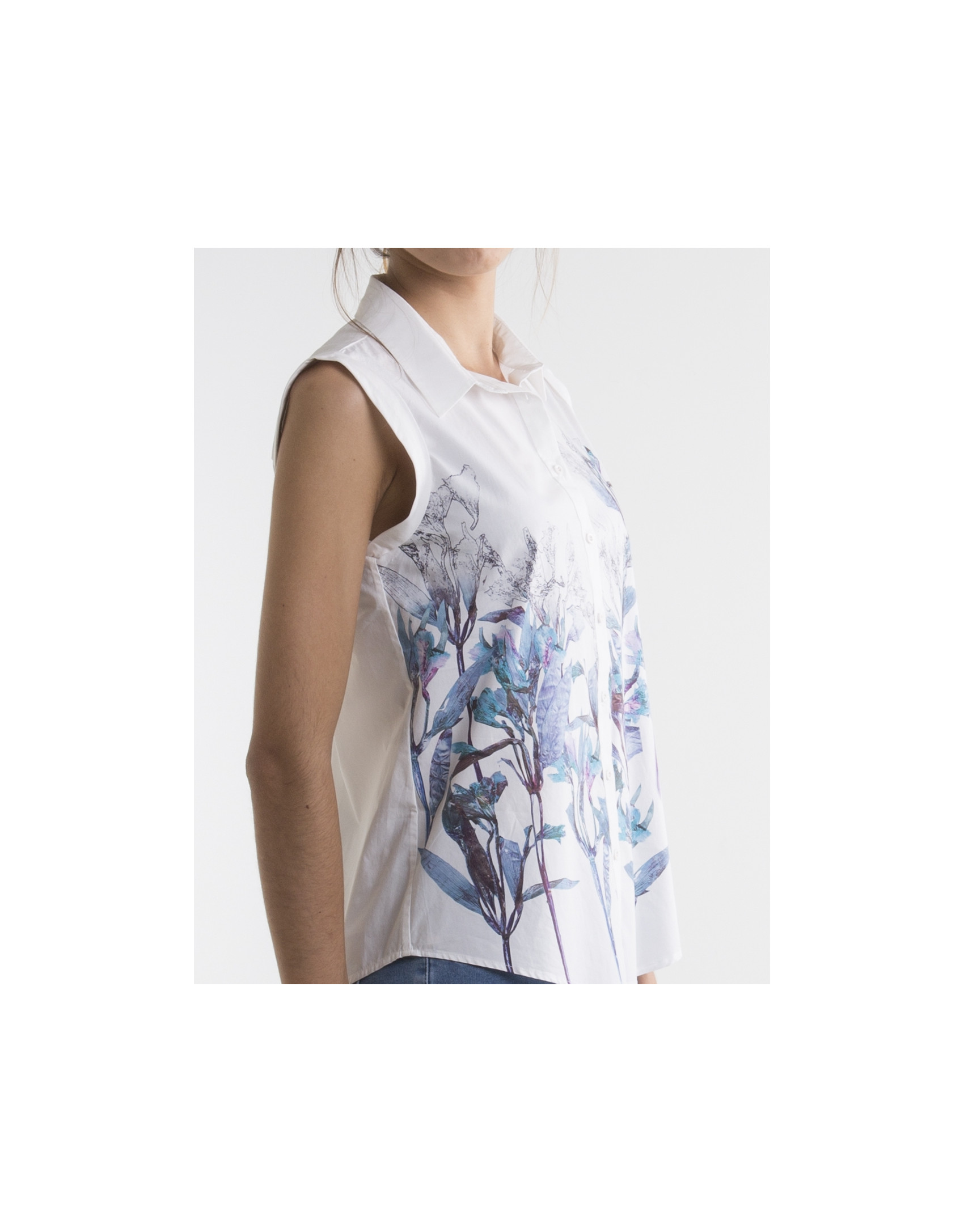White shirt with blue print