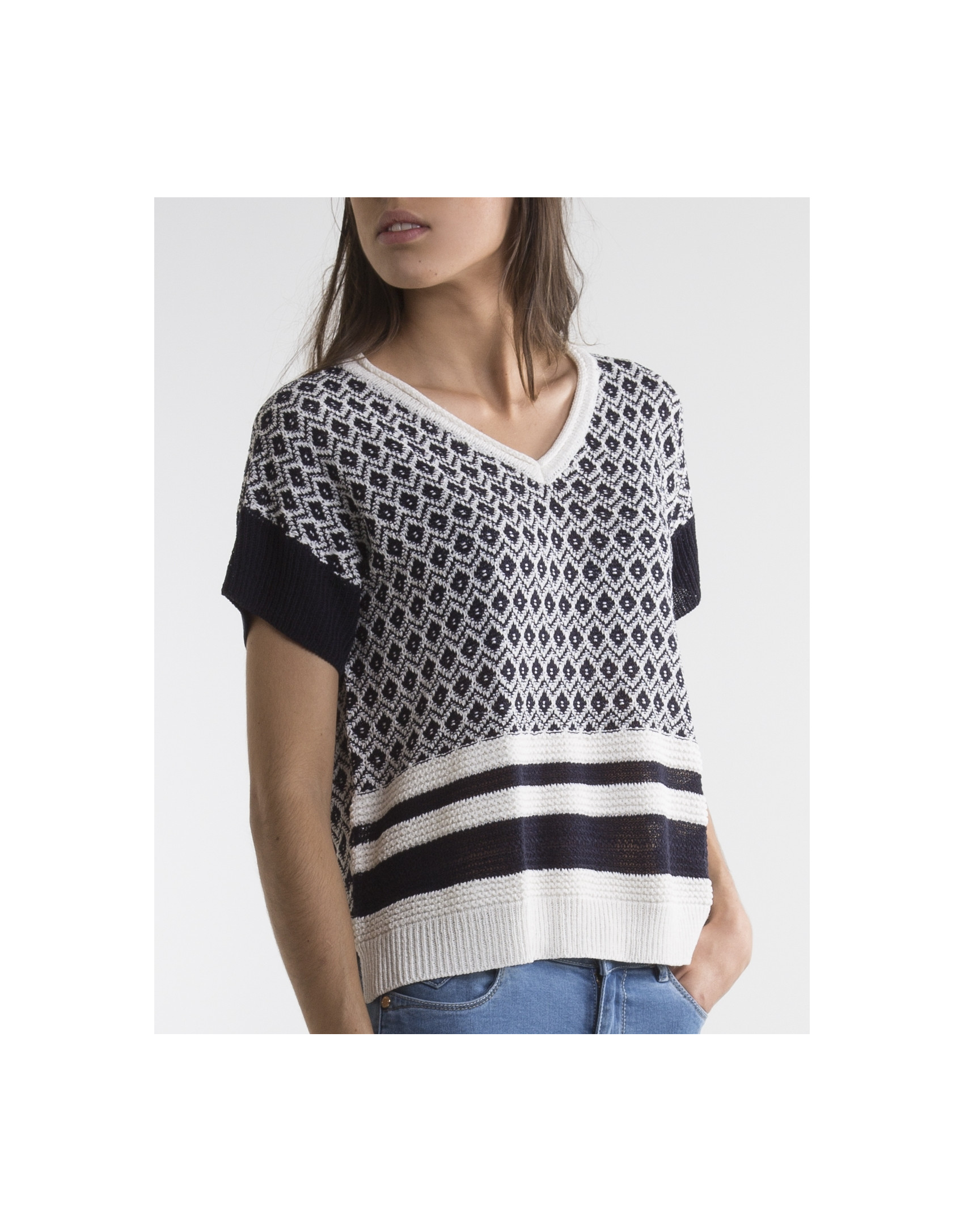 Jersey cuello pico azul/blanco