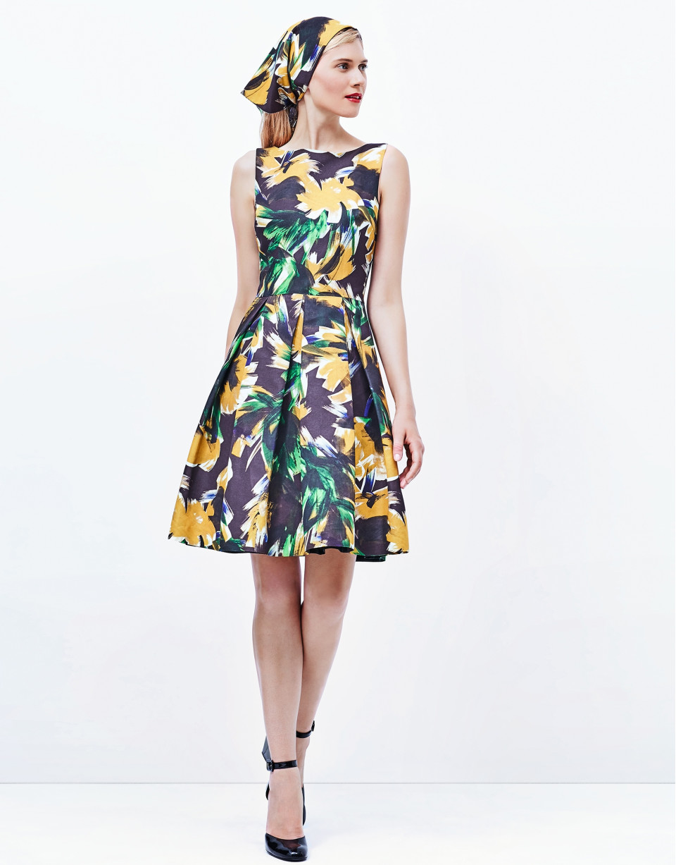 Green print flowing dress