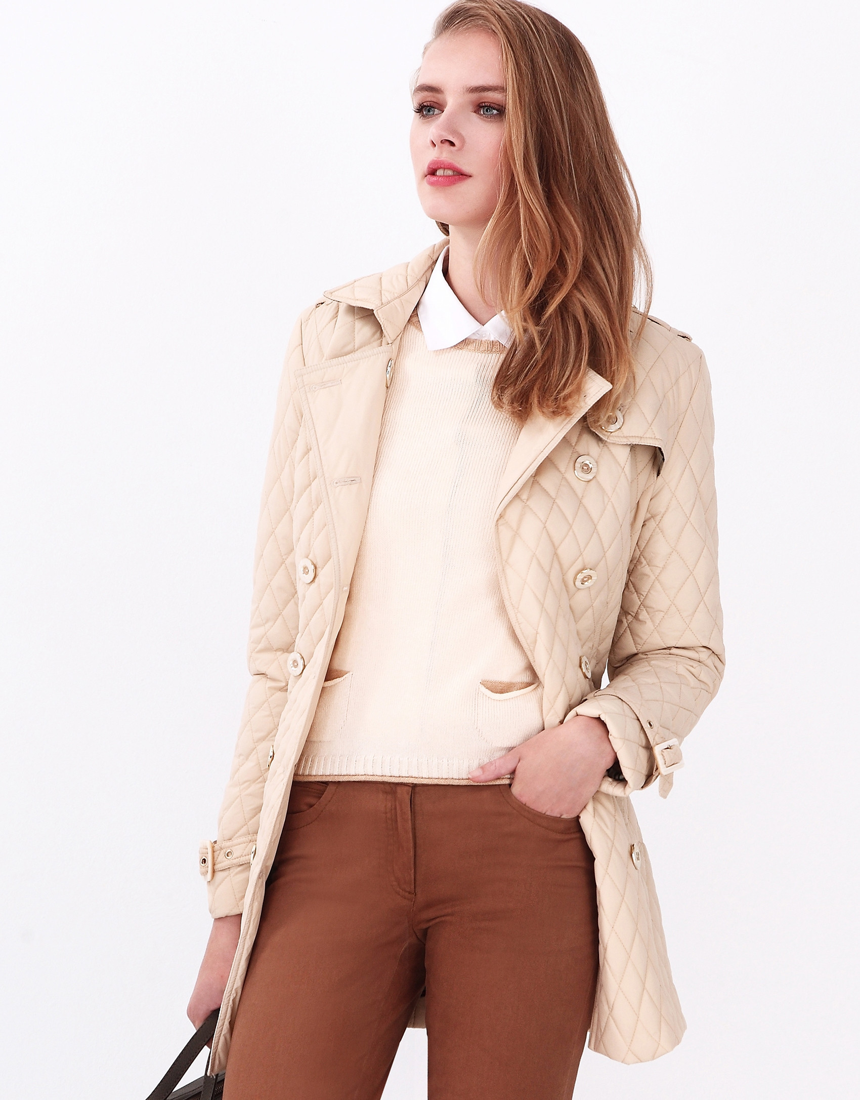 Beige quilted trench coat