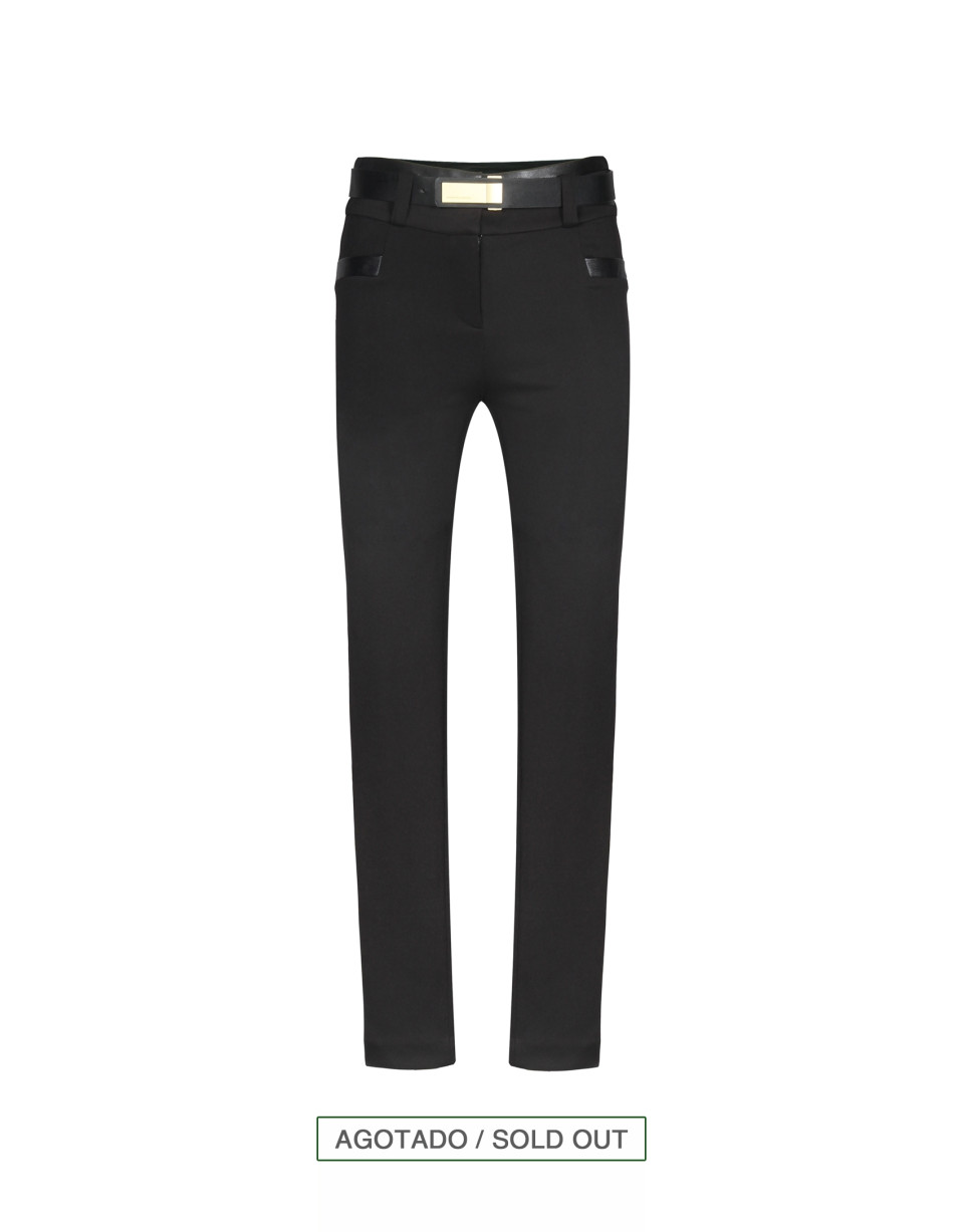Pantalón punto negro apliques piel 