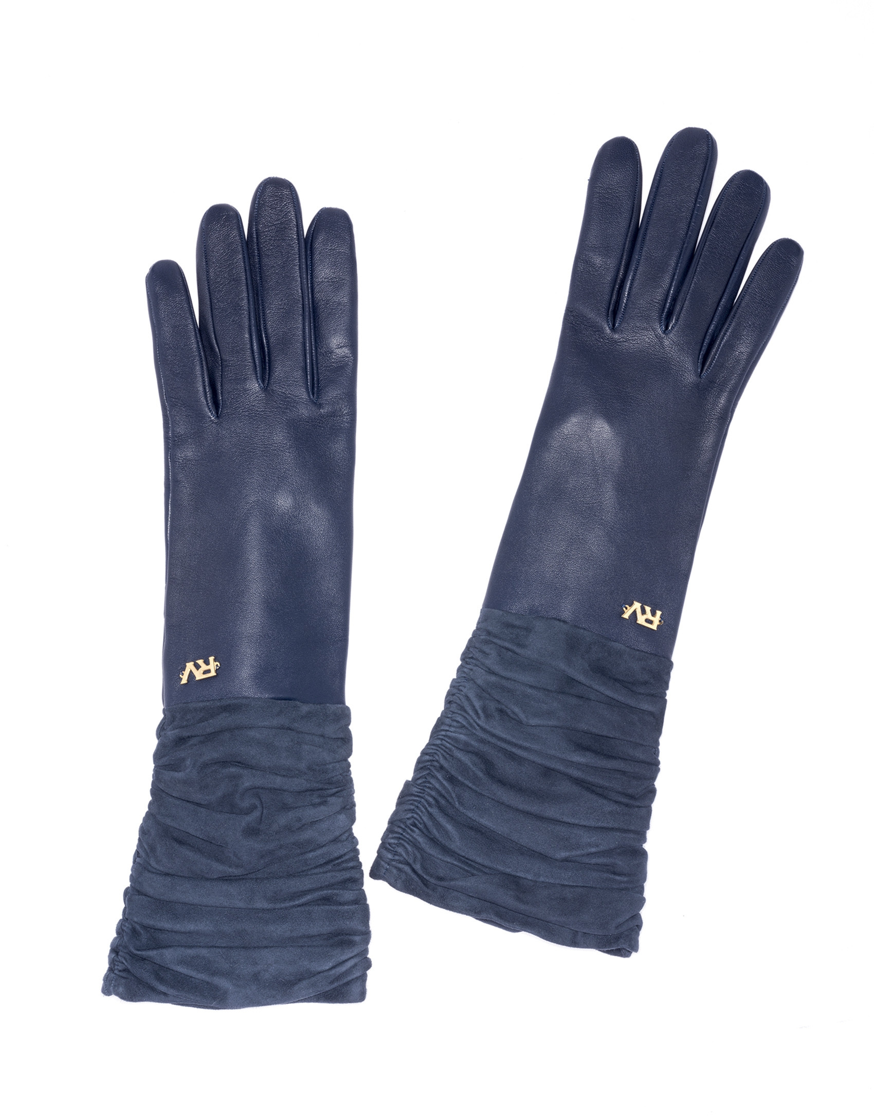 Midnight blue long leather / suede gloves