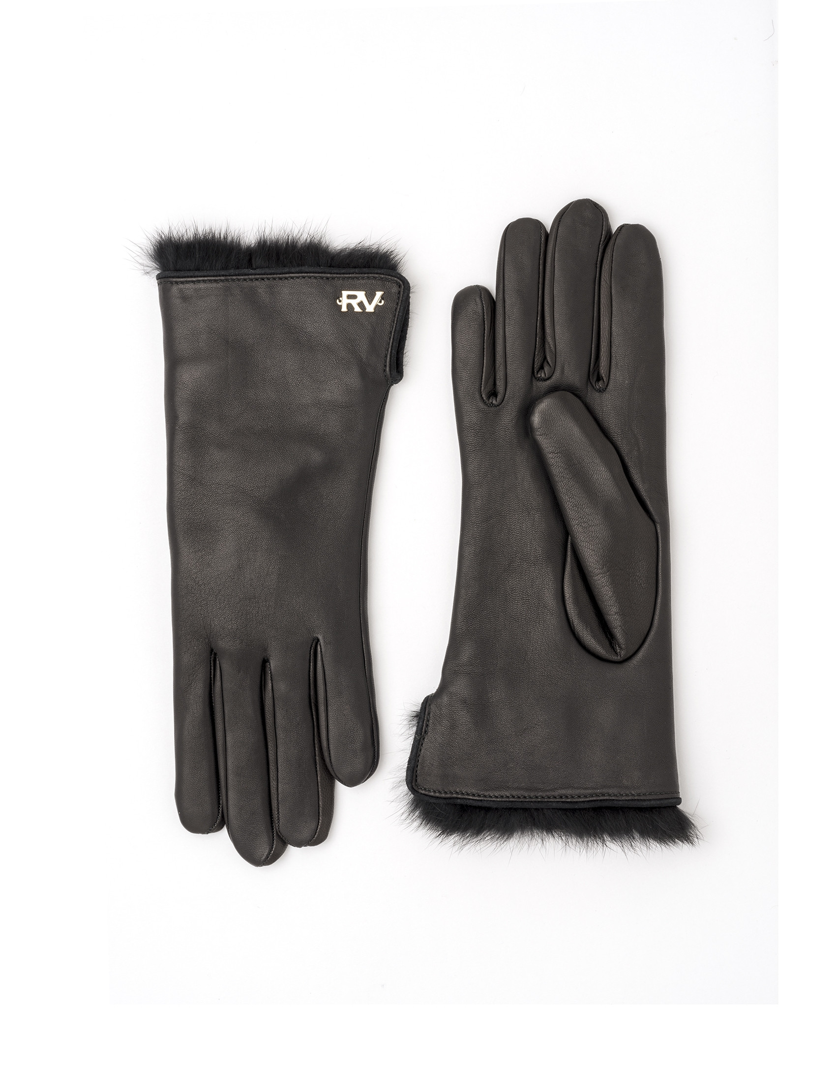 Black leather / fur gloves