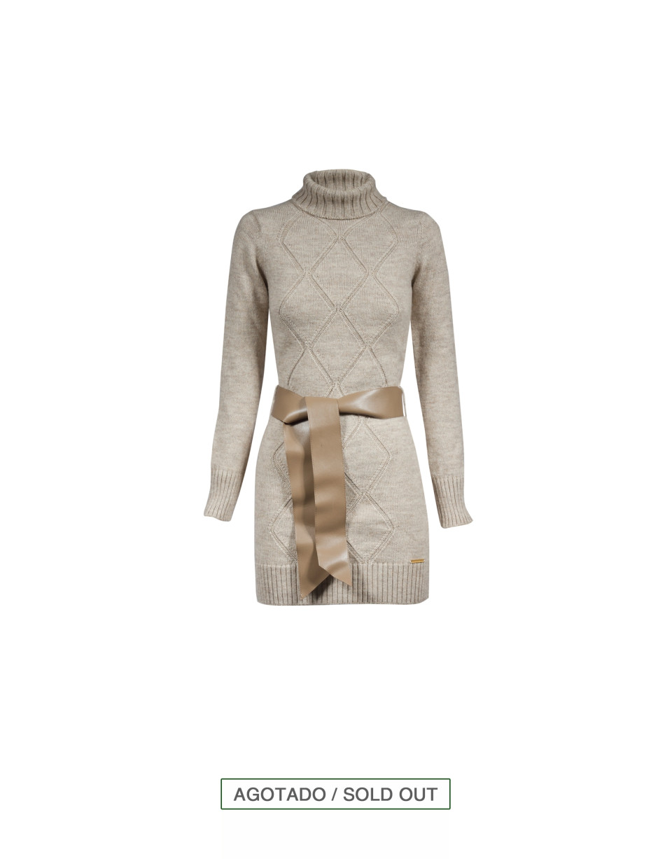 Vestido-jersey beige rombos y cinturón