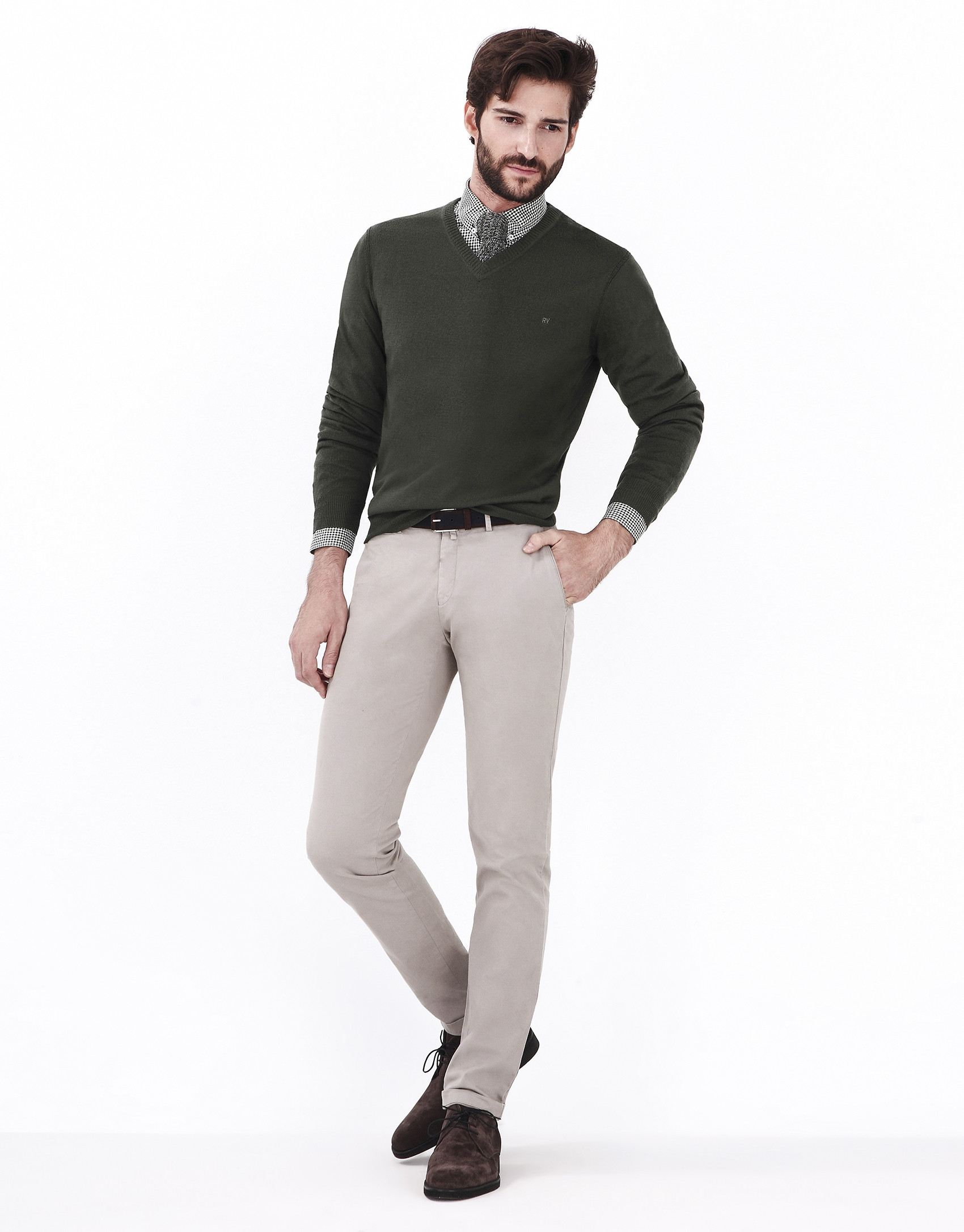 Green V-neck sweater
