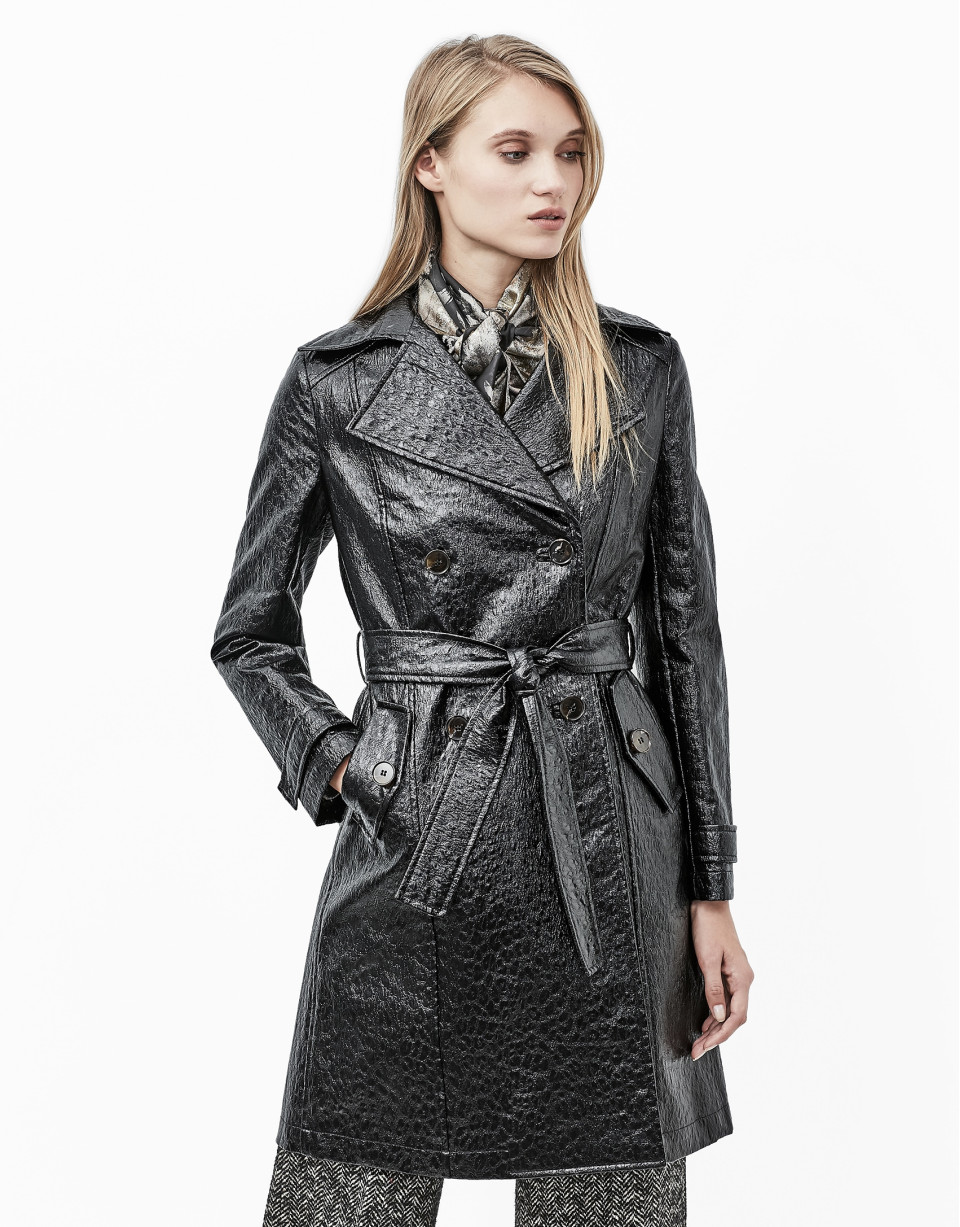 Black embossed alligator leather trench coat