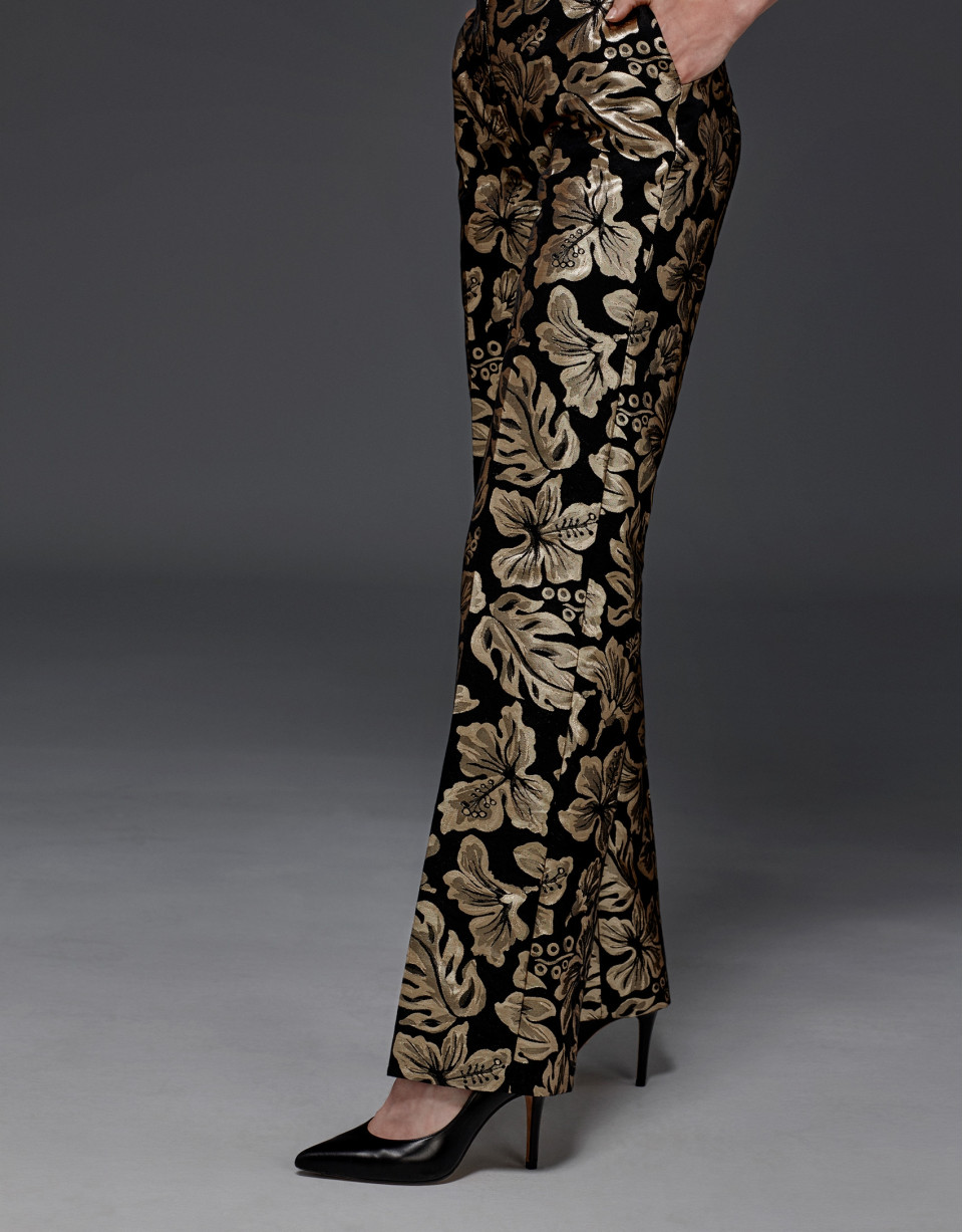 Pantalón recto jacquard floral oro