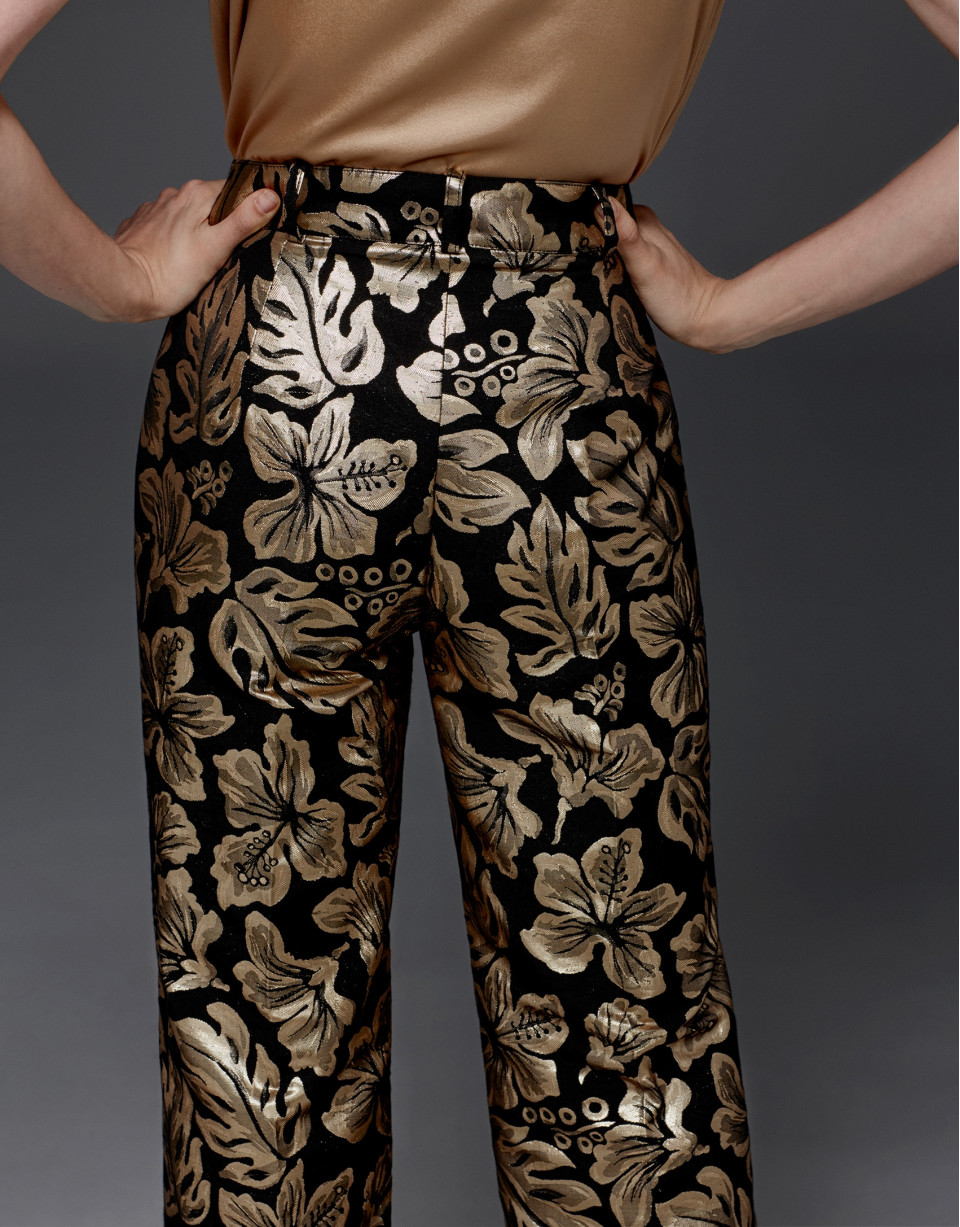 Pantalón recto jacquard floral oro