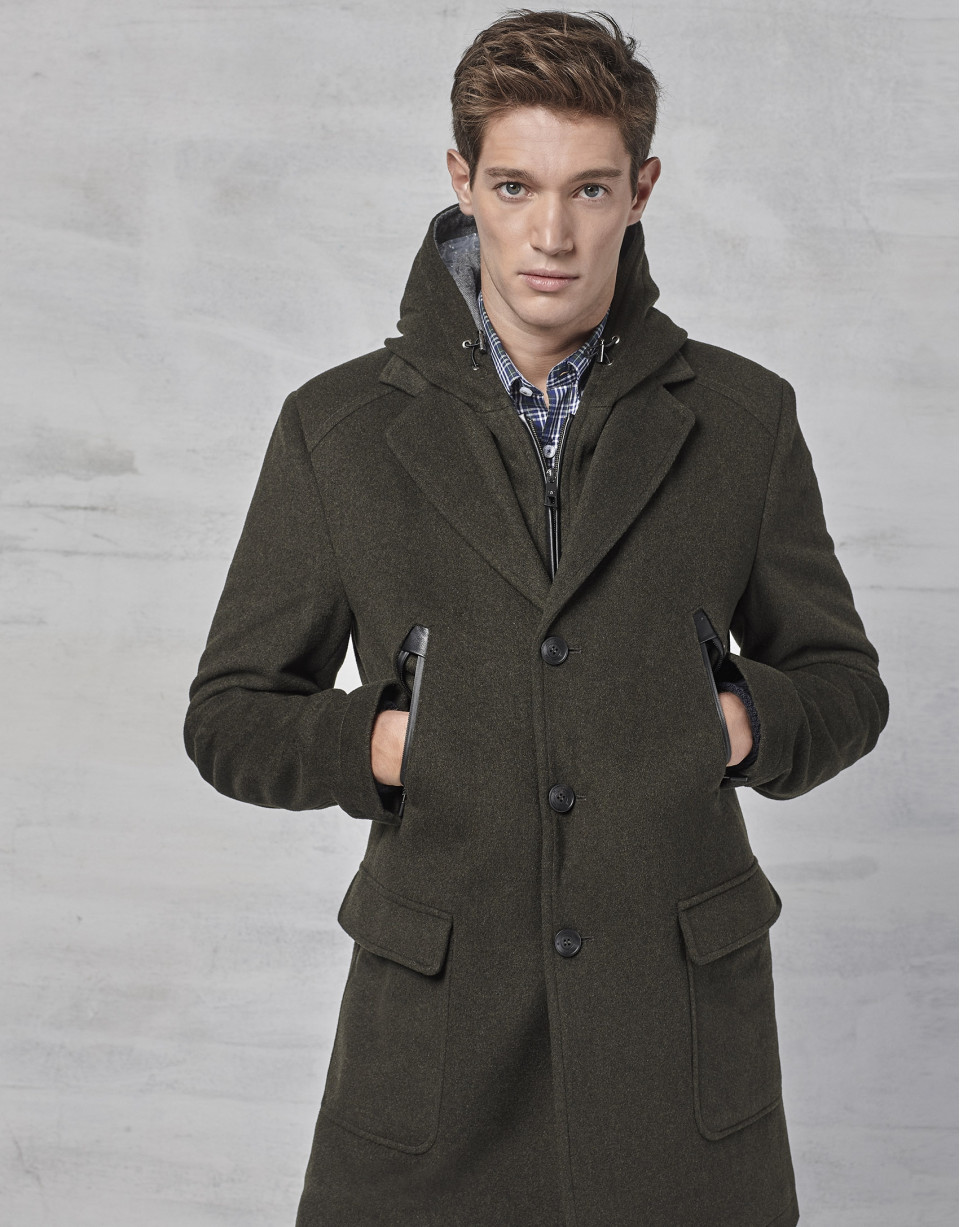 Khaki coat with yoke and removable hood