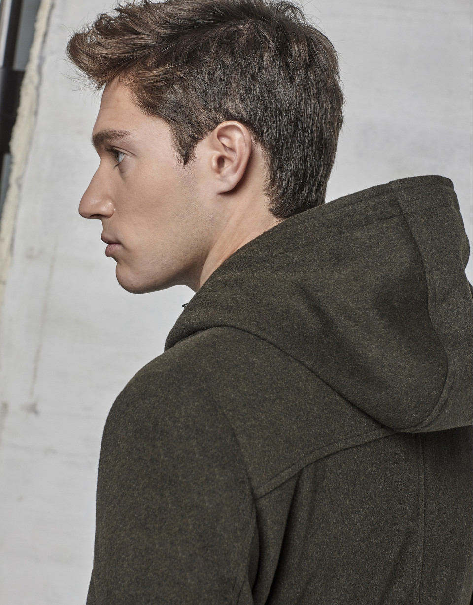 Khaki coat with yoke and removable hood