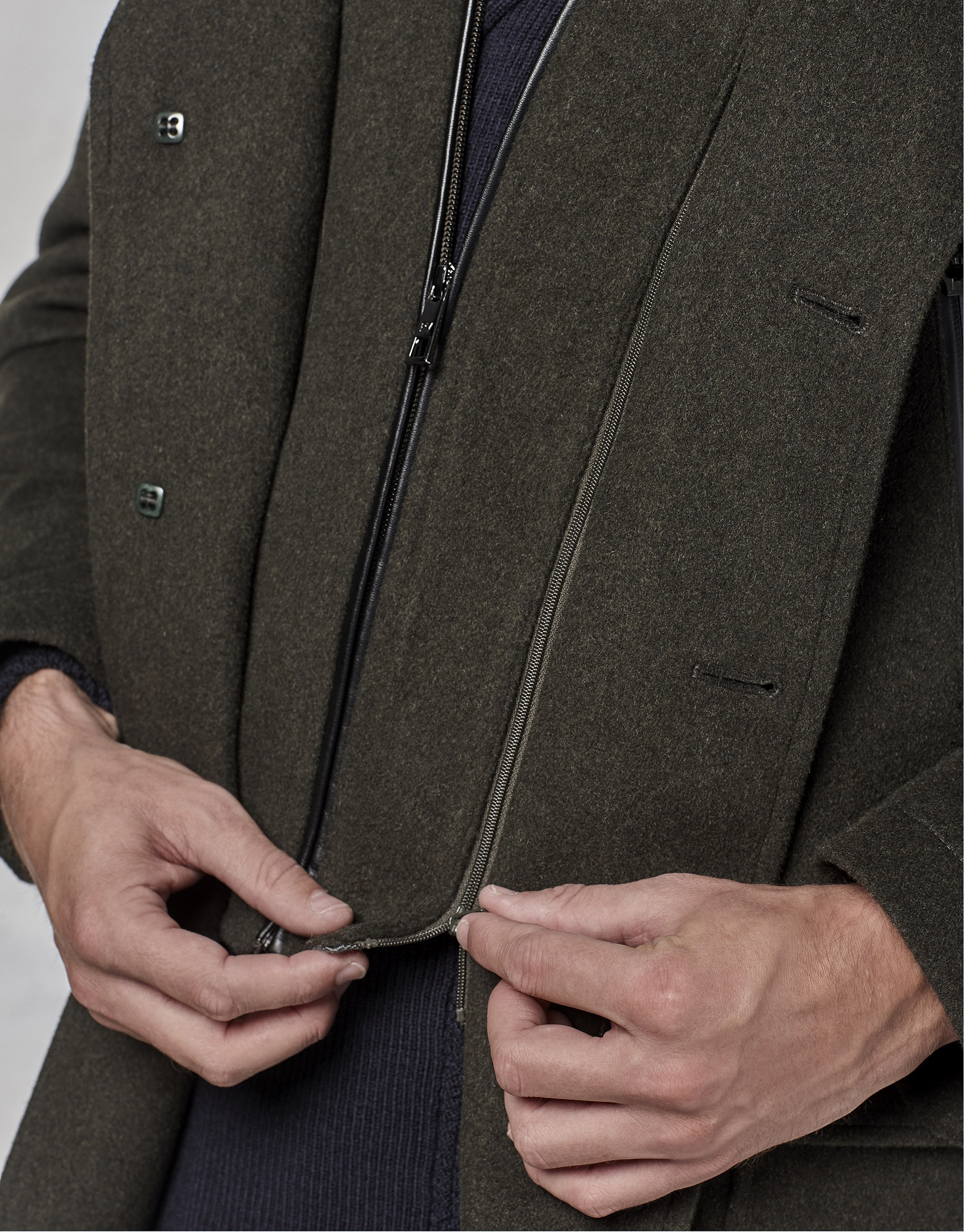Khaki coat with yoke and removable hood