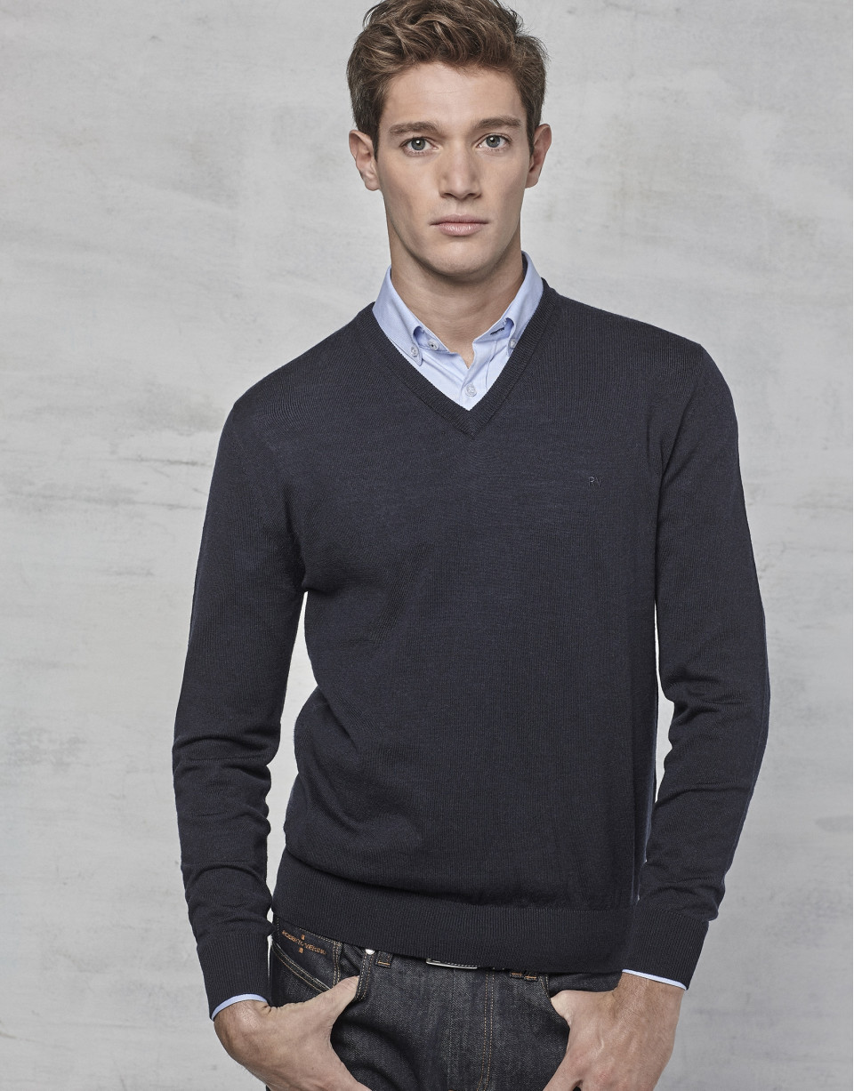 Navy blue wool sweater with V neck