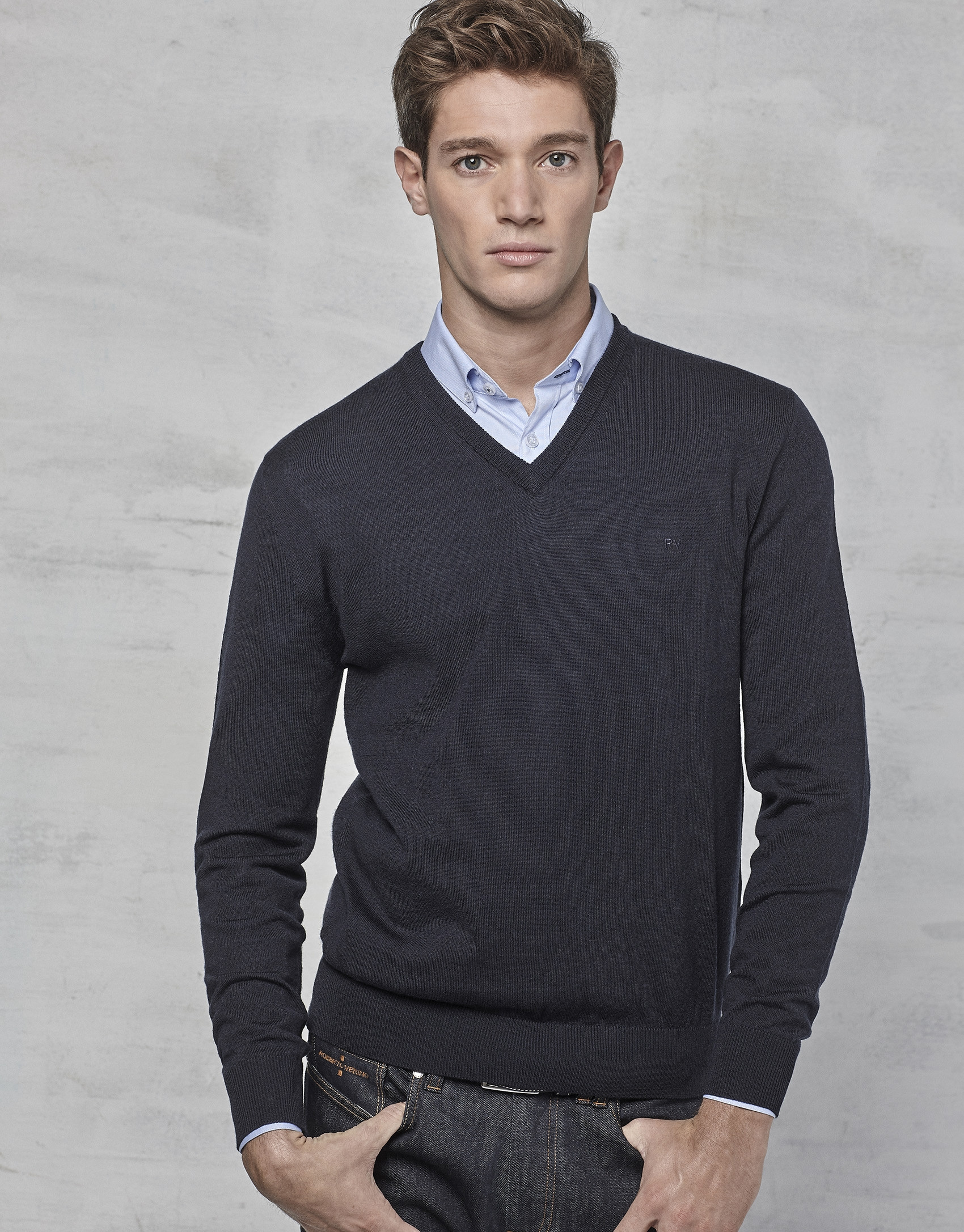 Navy blue wool sweater with V neck