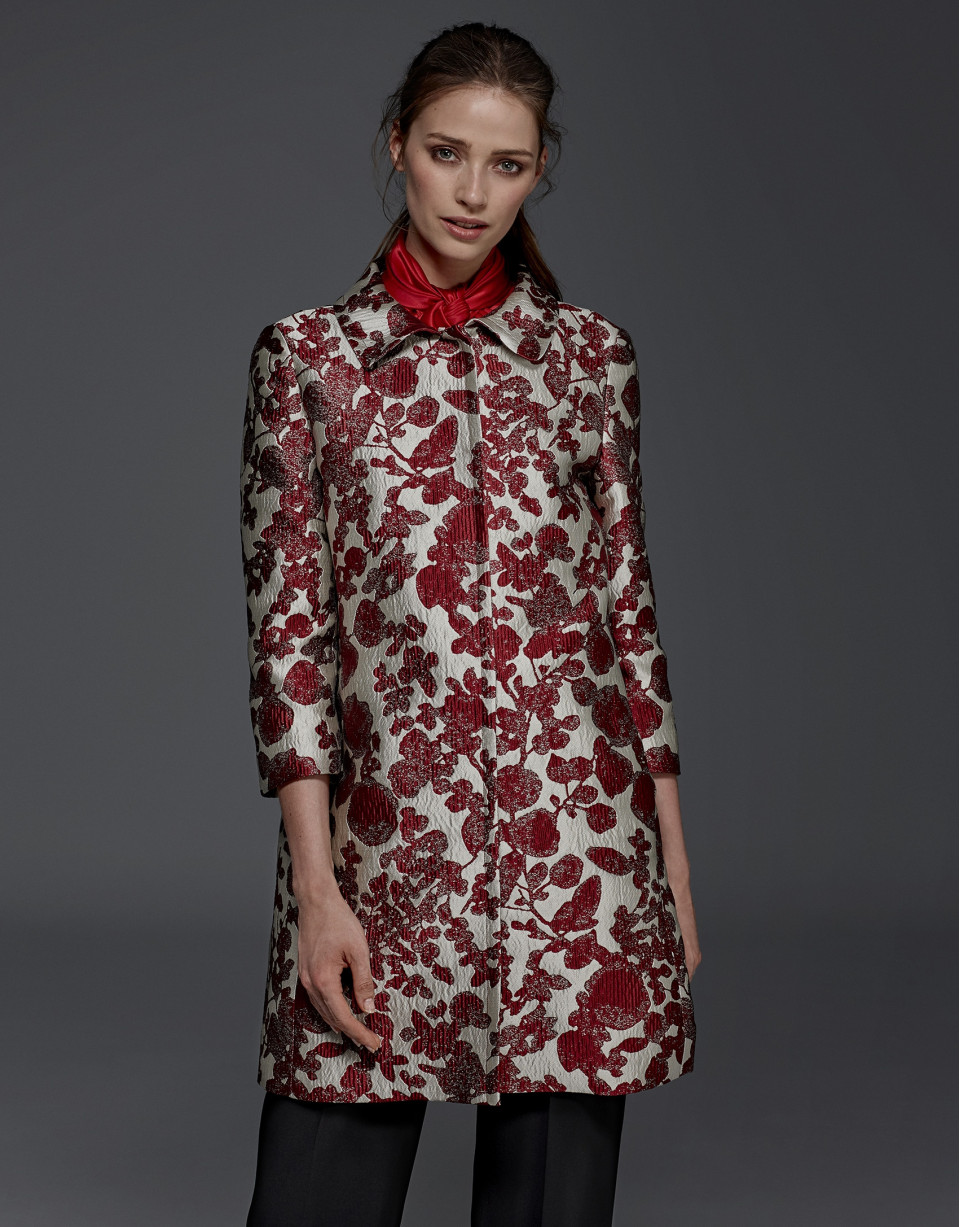 Maroon floral print jacquard coat