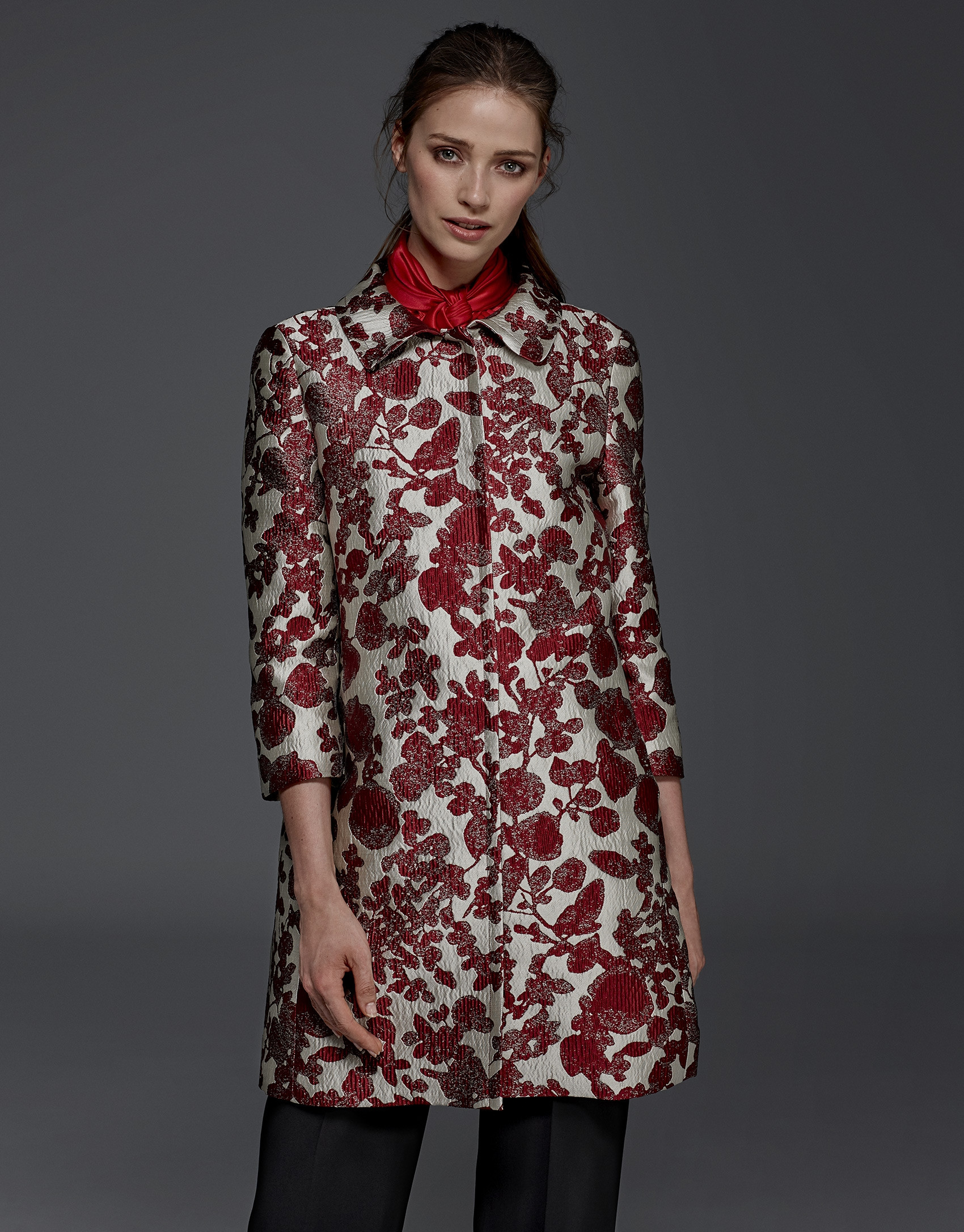 Maroon floral print jacquard coat