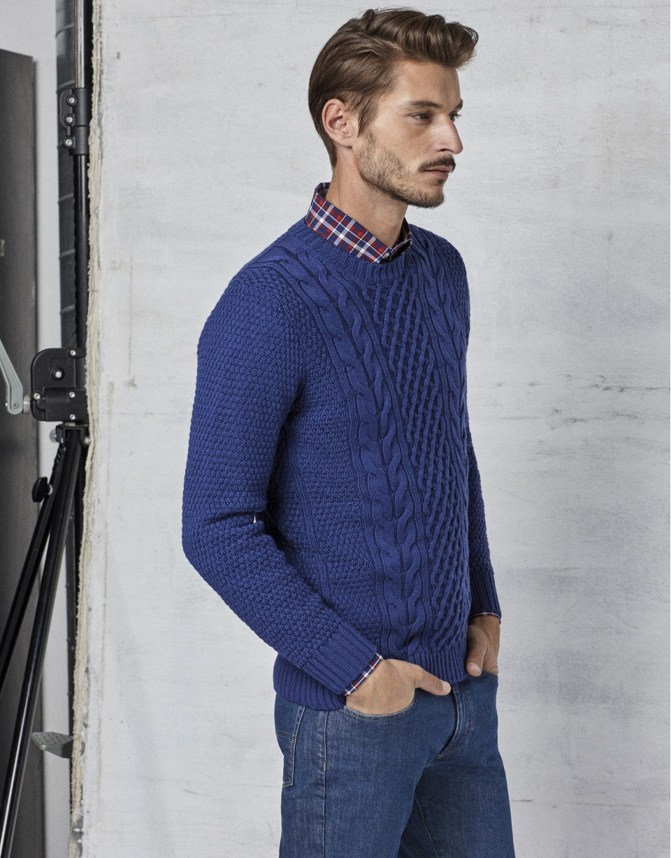 Blue braided and cable-stitched sweater