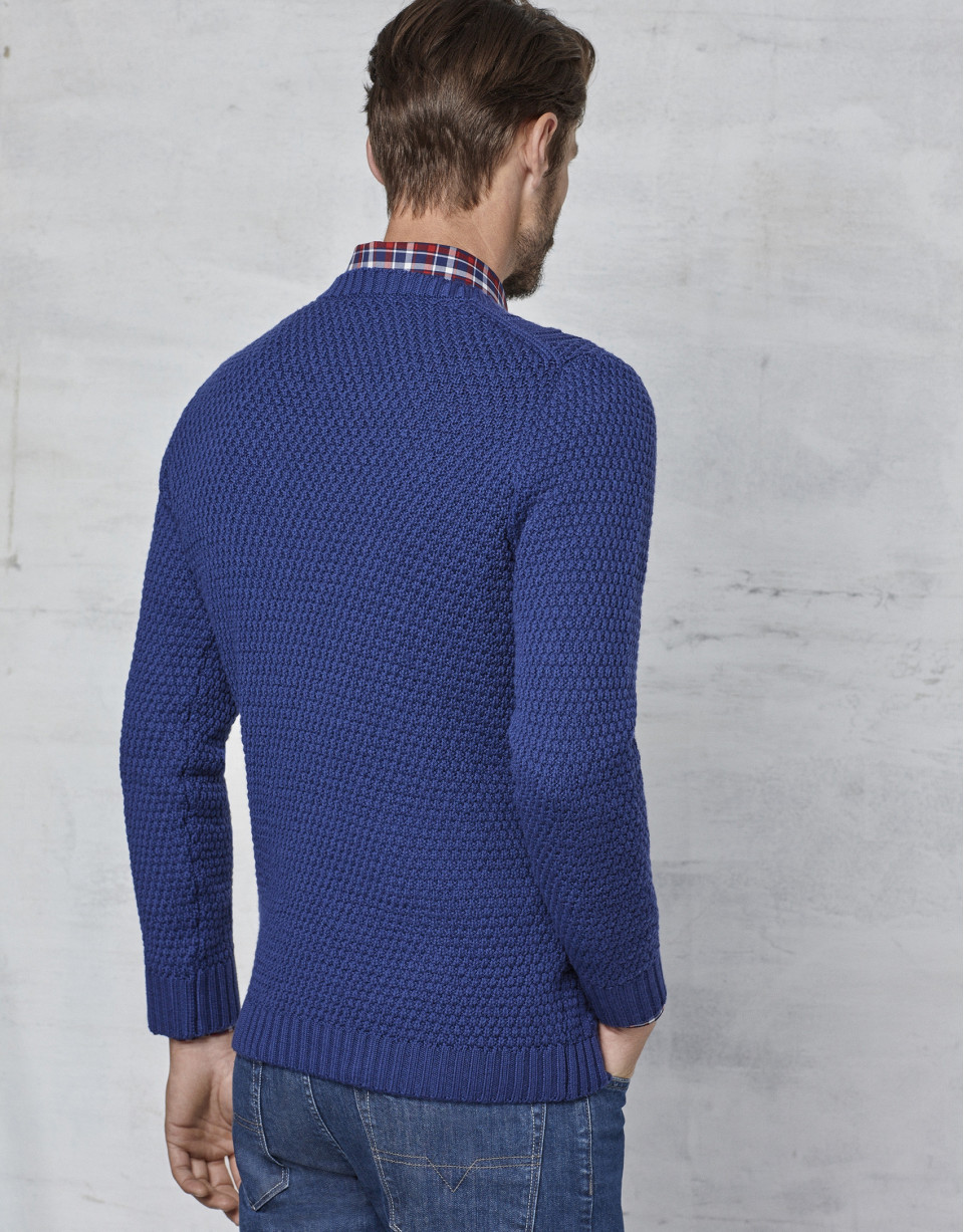 Blue braided and cable-stitched sweater
