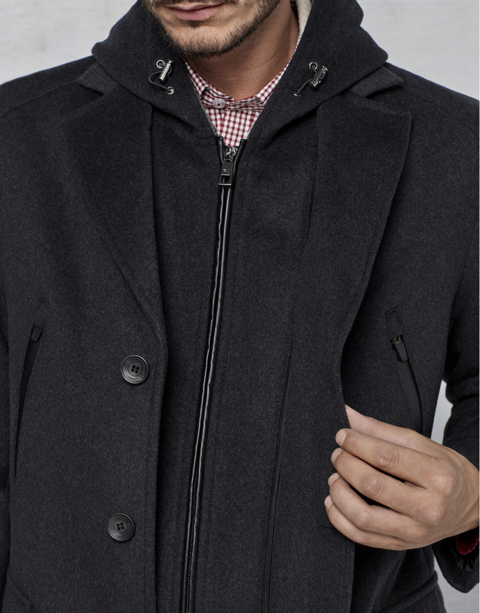 Abrigo con pechera y capucha desmontable gris oscuro