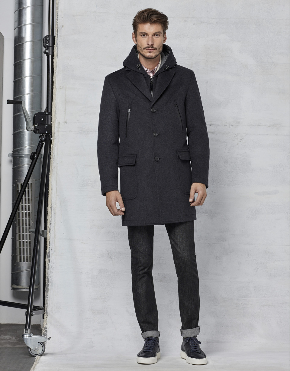 Abrigo con pechera y capucha desmontable gris oscuro
