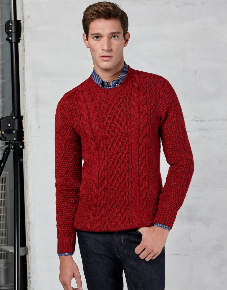 Red braided and cable-stitched sweater