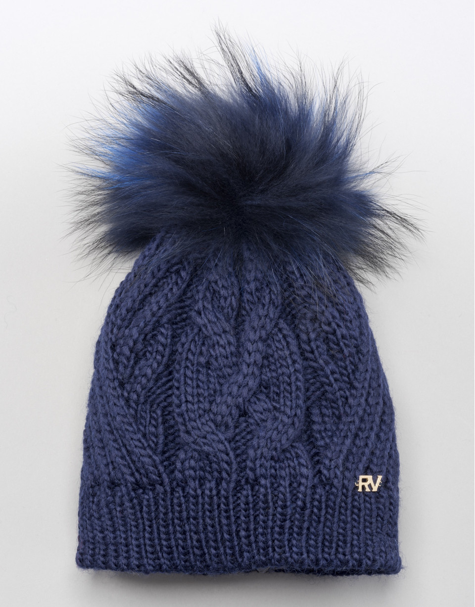 Blue cable knit wool cap with pompom