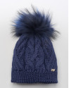 Blue cable knit wool cap with pompom