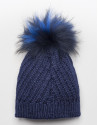 Blue cable knit wool cap with pompom