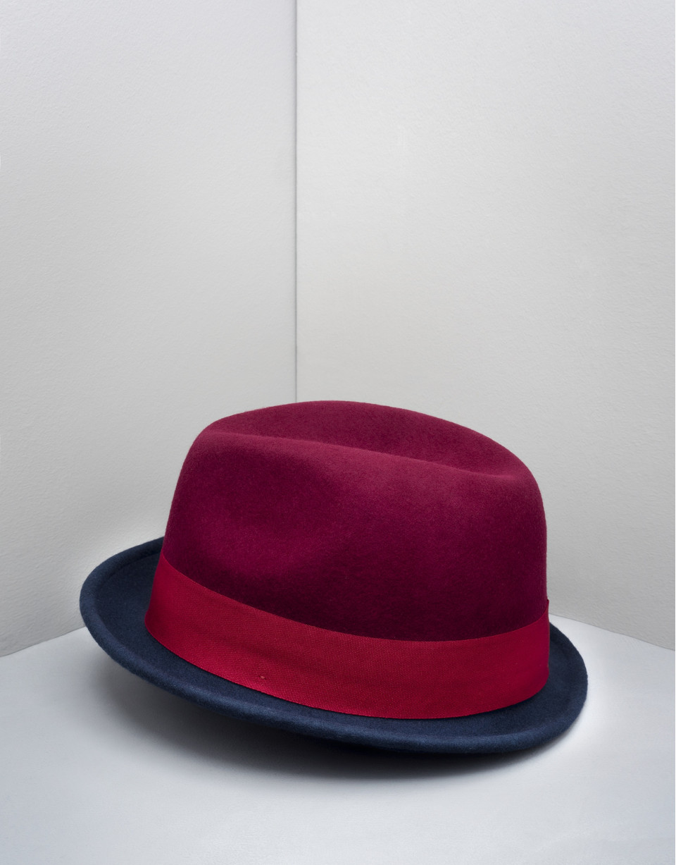 Burgundy and blue Borsalino hat