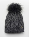 Grey cable knit wool cap with pompom