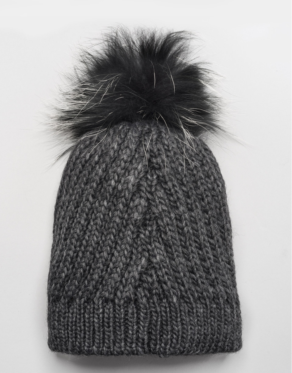 Grey cable knit wool cap with pompom