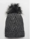 Grey cable knit wool cap with pompom