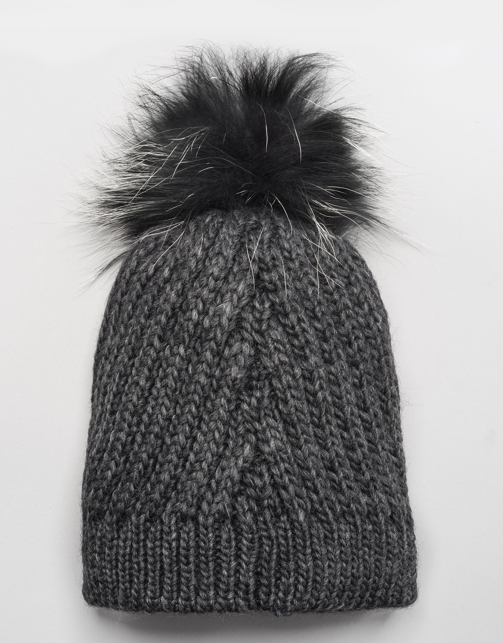 Grey cable knit wool cap with pompom