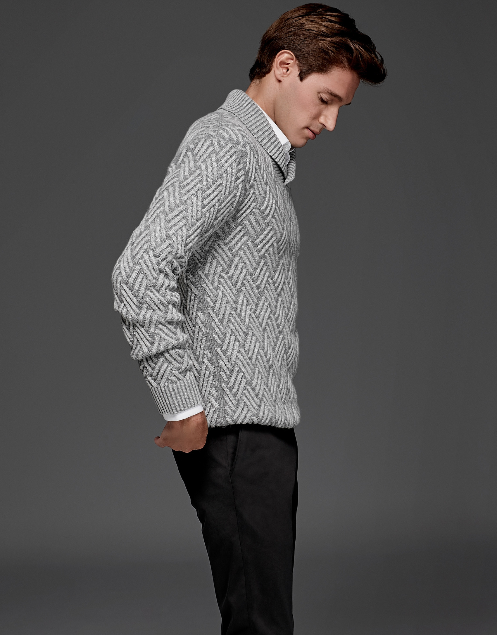 Gray sweater with tuxedo collar