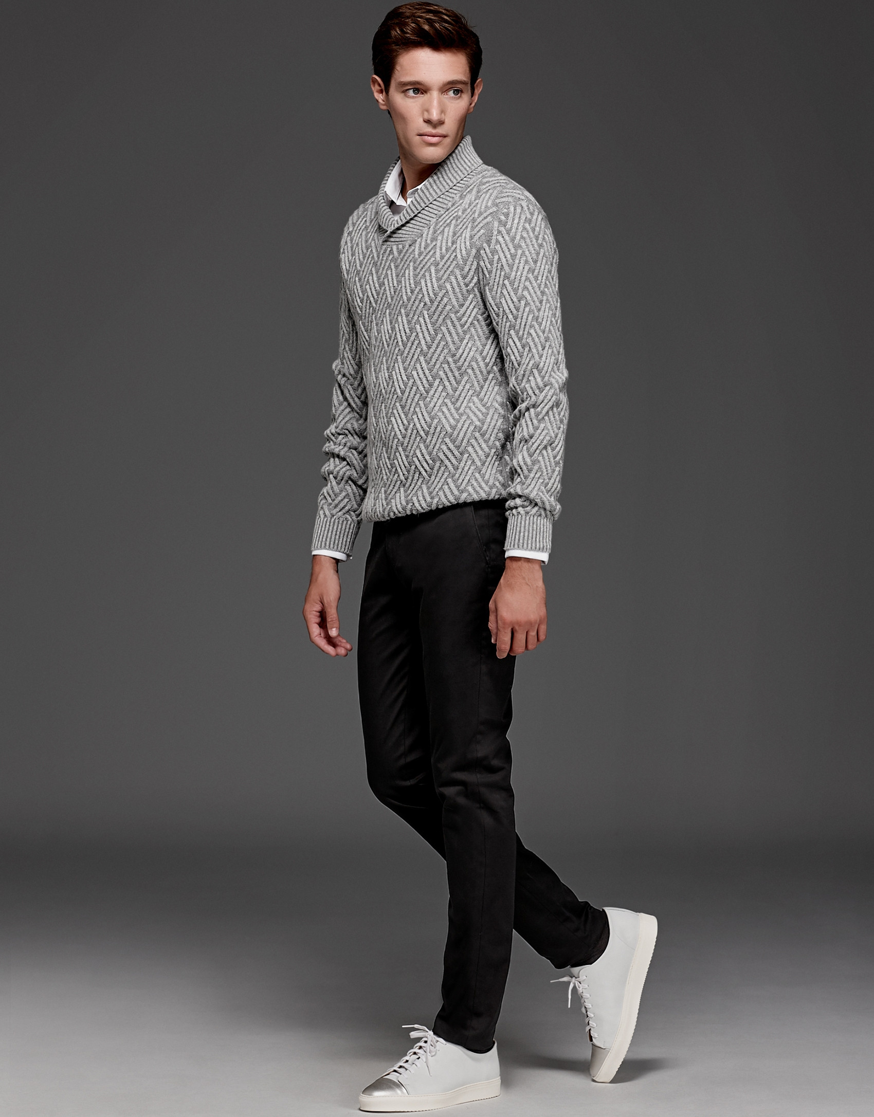 Gray sweater with tuxedo collar
