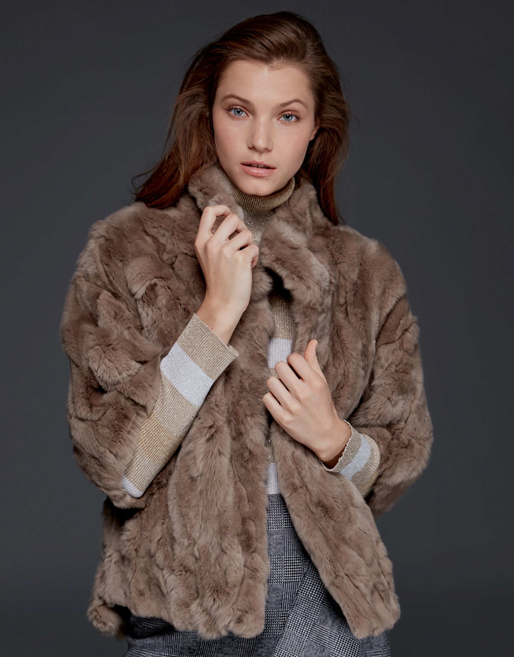 Long beige rabbit fur jacket