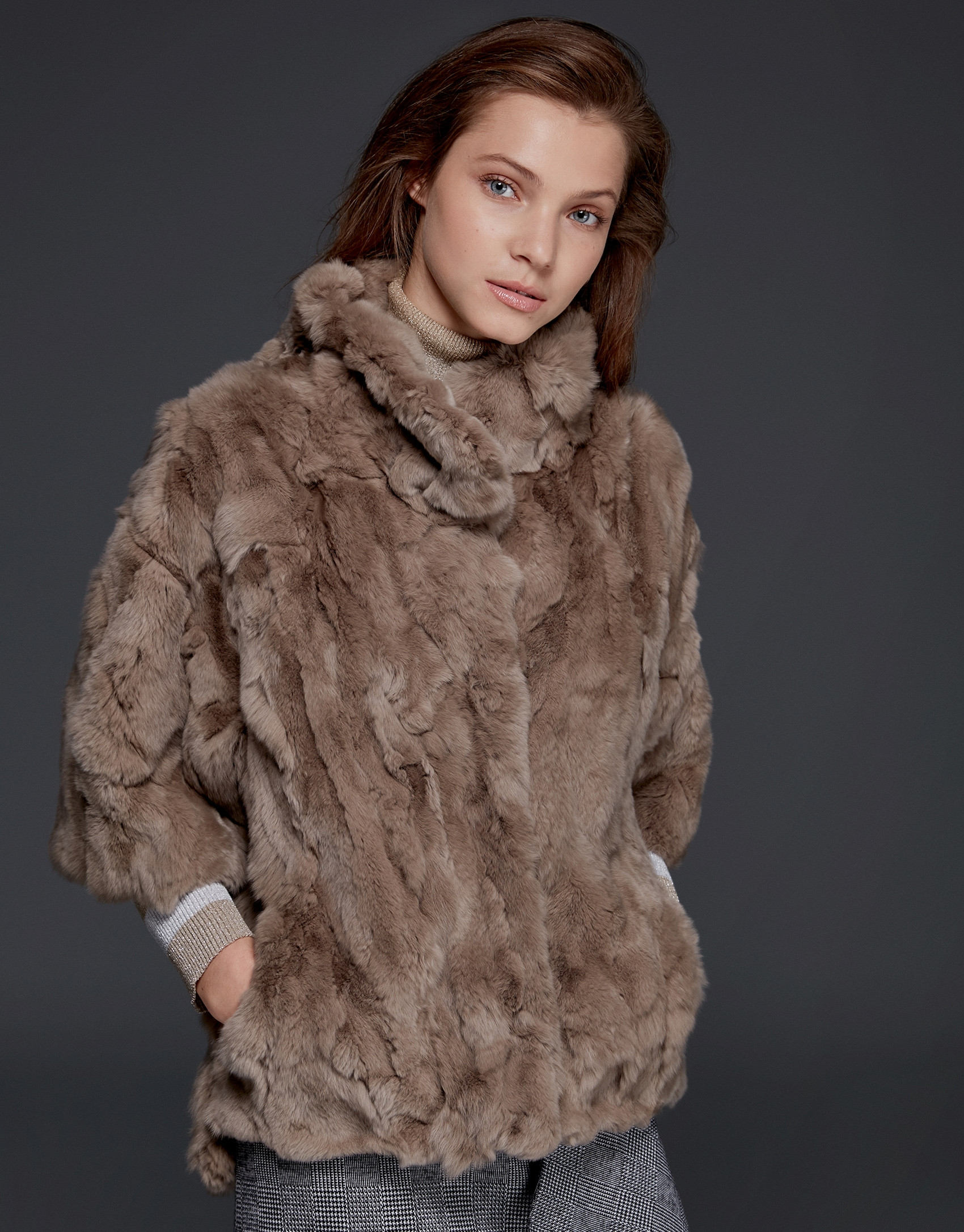 Long beige rabbit fur jacket