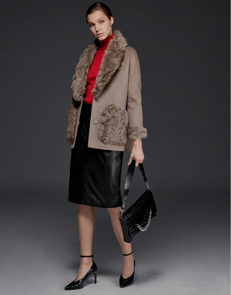 Taupe double-faced parka with fur collar