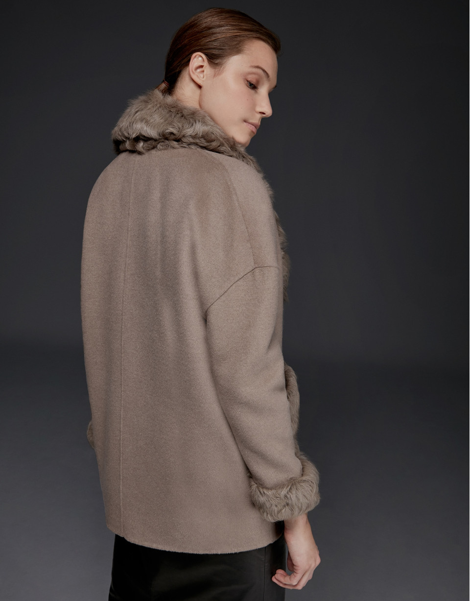 Taupe double-faced parka with fur collar